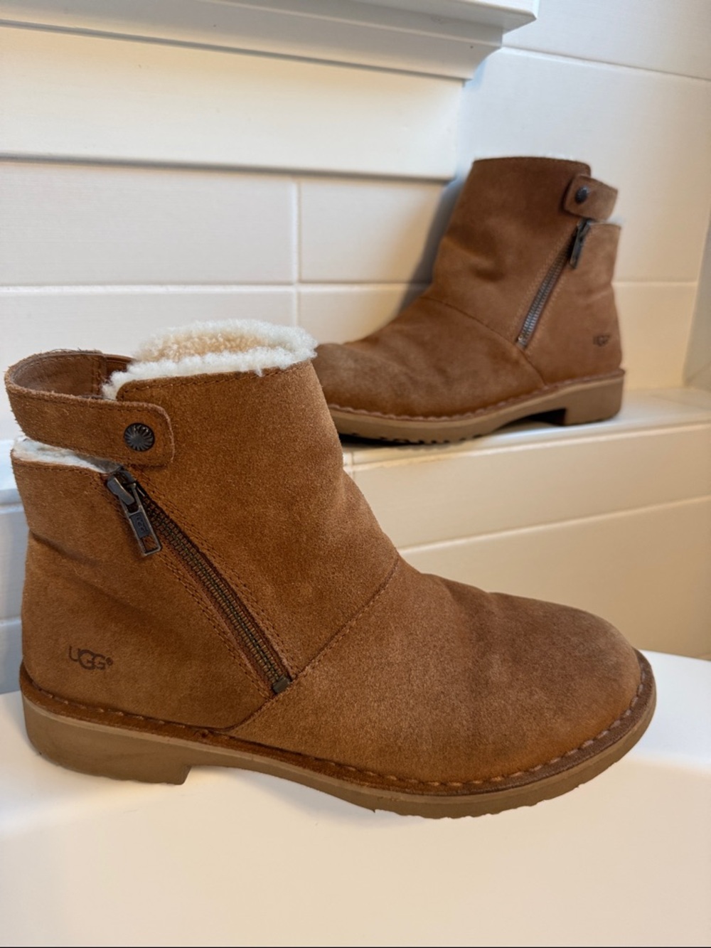 UGG Rella Chestnut Suede Shearling Ankle Boots - Size 8 - Slim Mini Bootie Moto